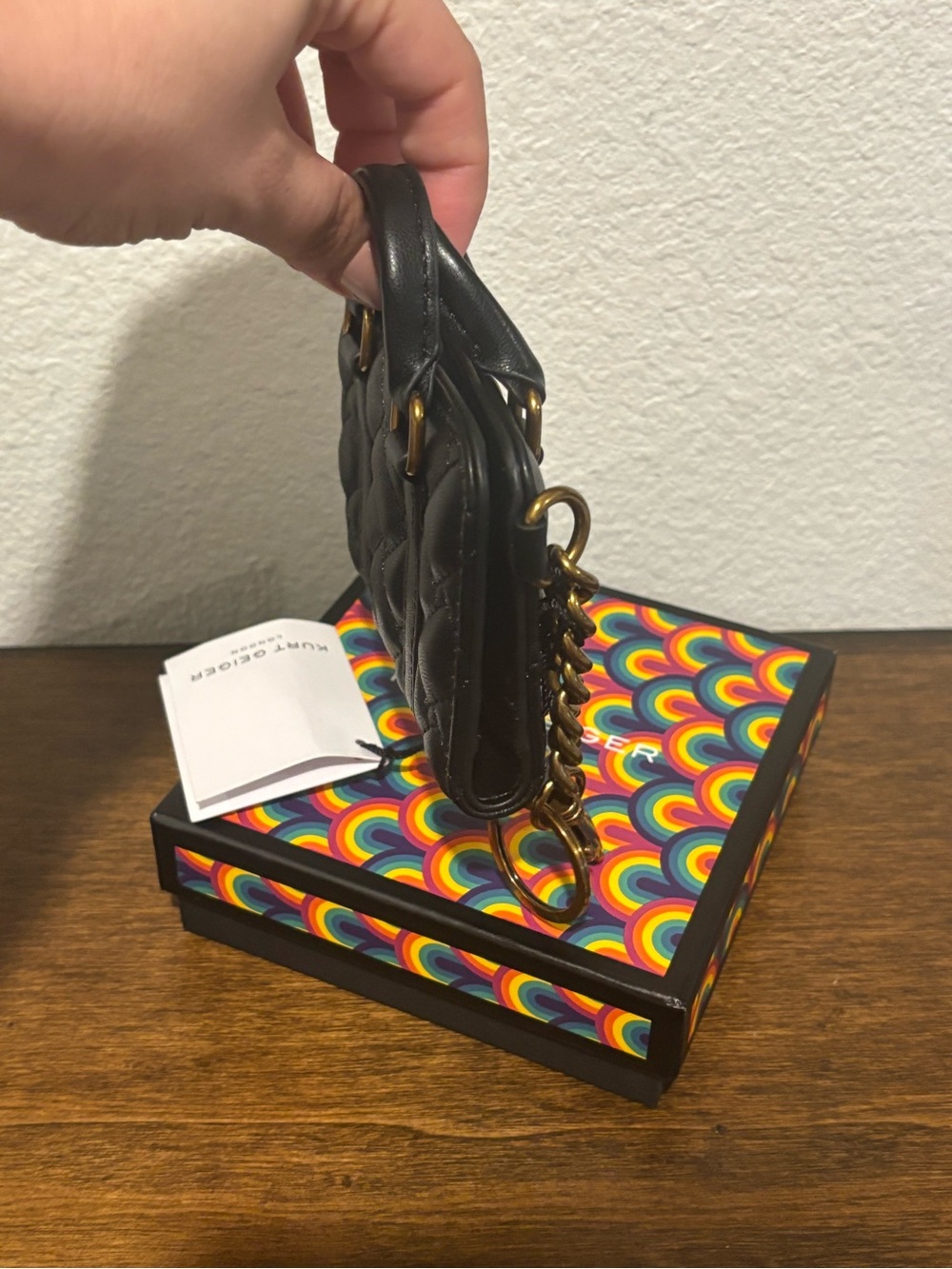 Kurt Geiger Black Quilted Card Holder/Bag Charm with Gold Chain Detail - Picture 6 of 8